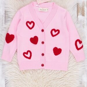 Pink Cardigan with Red Heart Accents Boutique- New-XLG (about 5yrs)